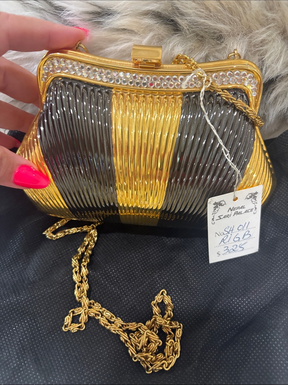 Gold Black GLAM  Metallic crystal Evening Clutch with Chain Strap VTG NWT